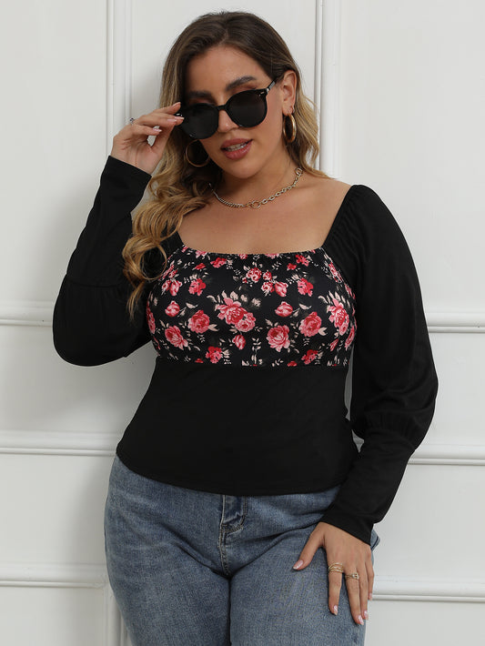 Plus Size Floral Squre Neck Spliced Top