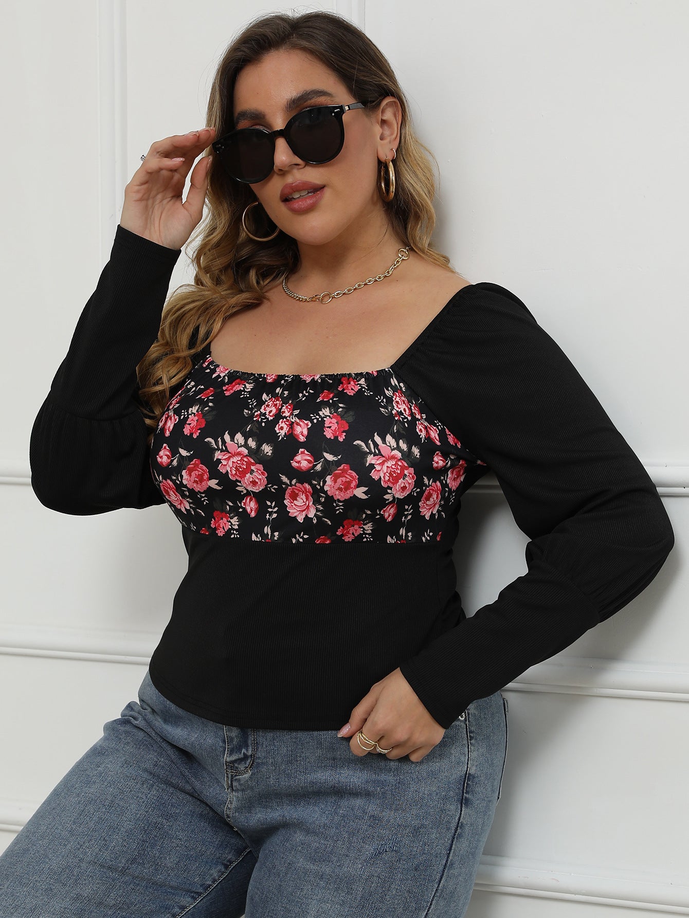 Plus Size Floral Squre Neck Spliced Top