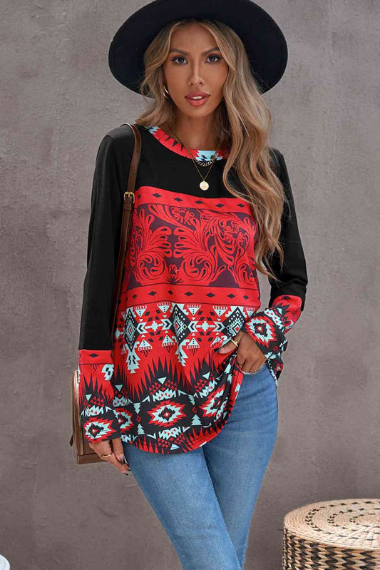 Printed Round Neck Long Sleeve T-Shirt