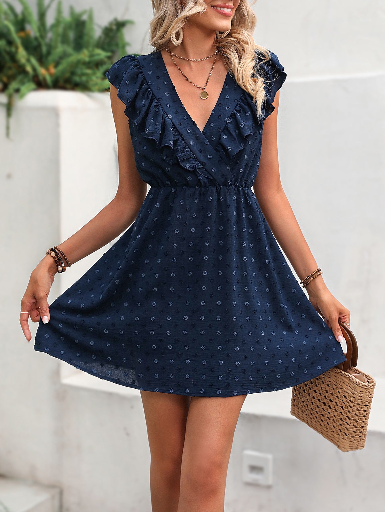 Swiss Dot Ruffled Plunge Dress