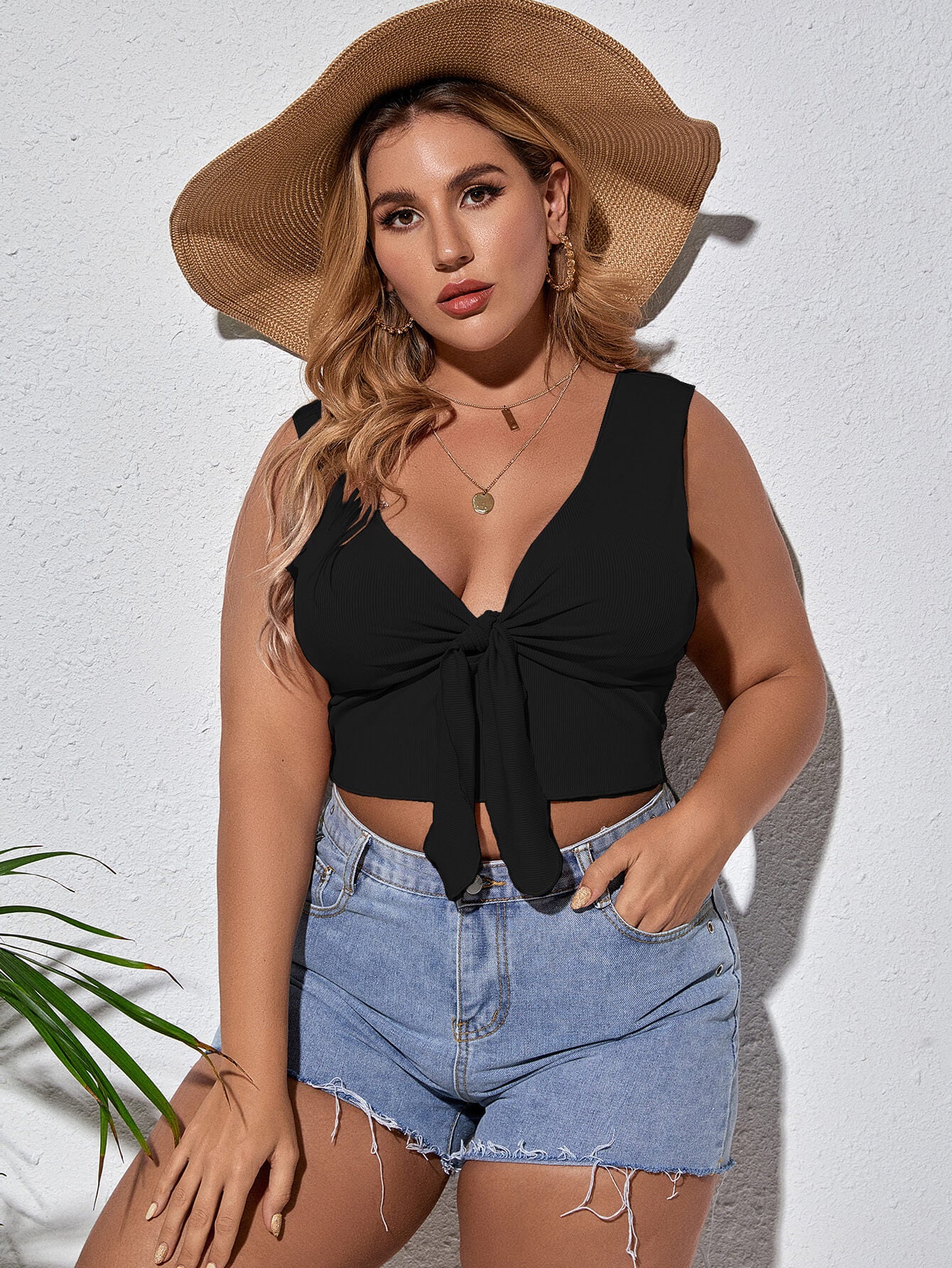 Plus Size Tie Front Sleeveless Plunge Crop Top