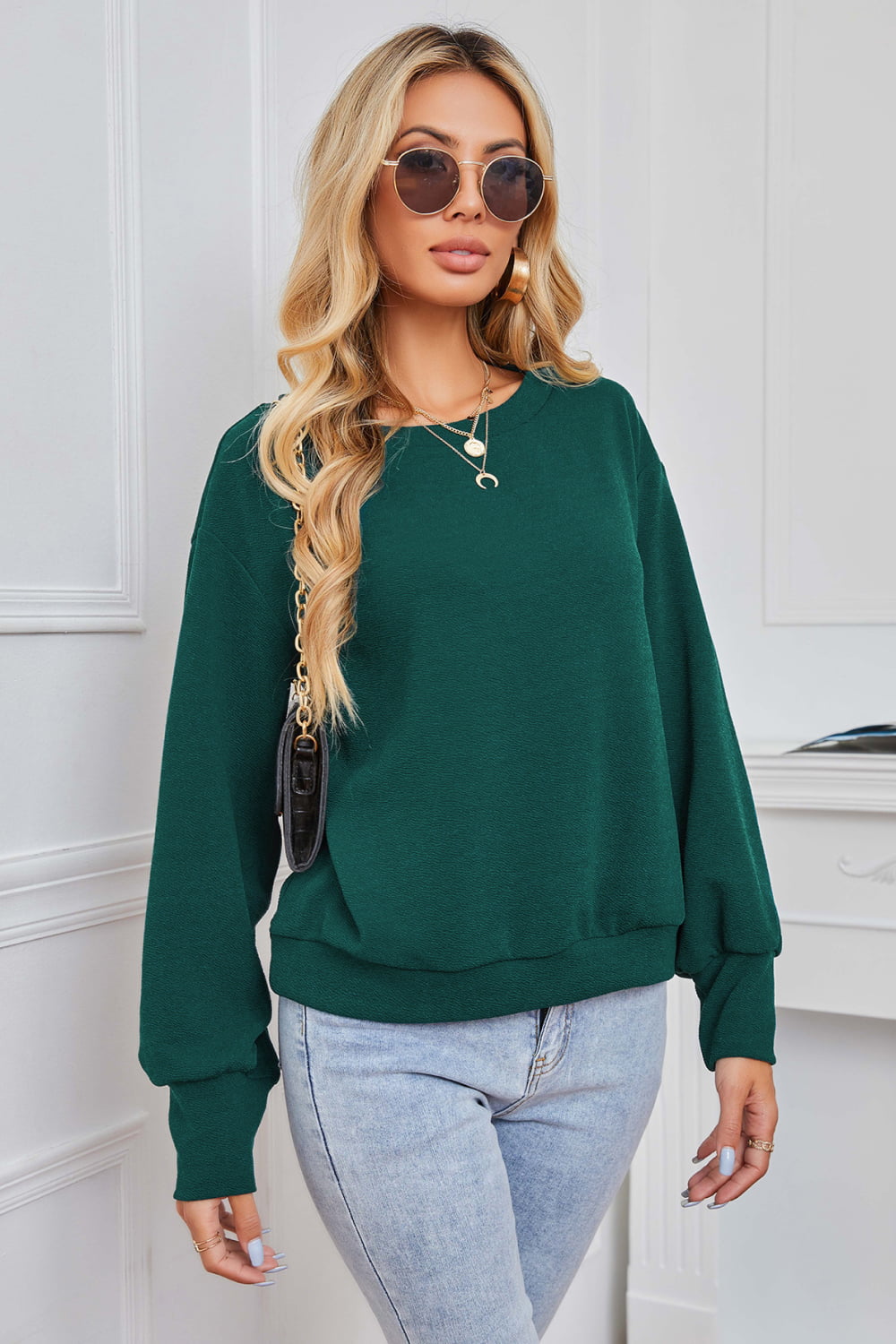 Round Neck Dropped Shoulder Pullover Sweater