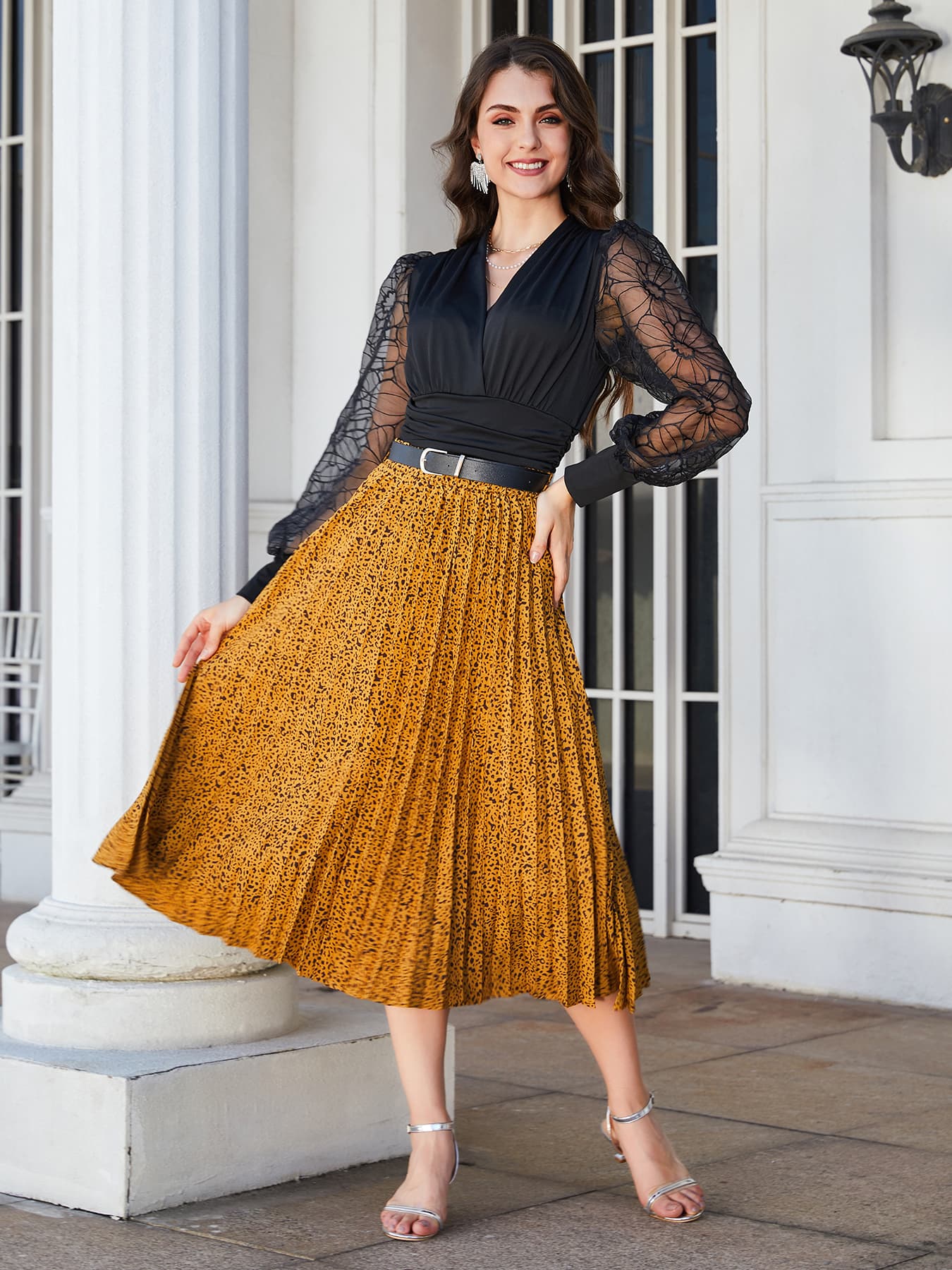 Leopard Print Pleated Midi Skirt