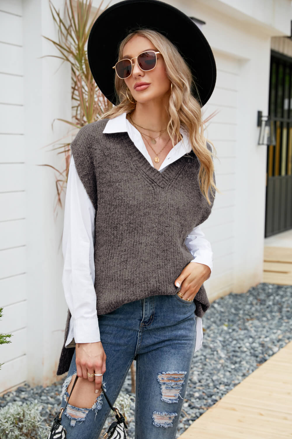 V-Neck Side Slit Sweater Vest