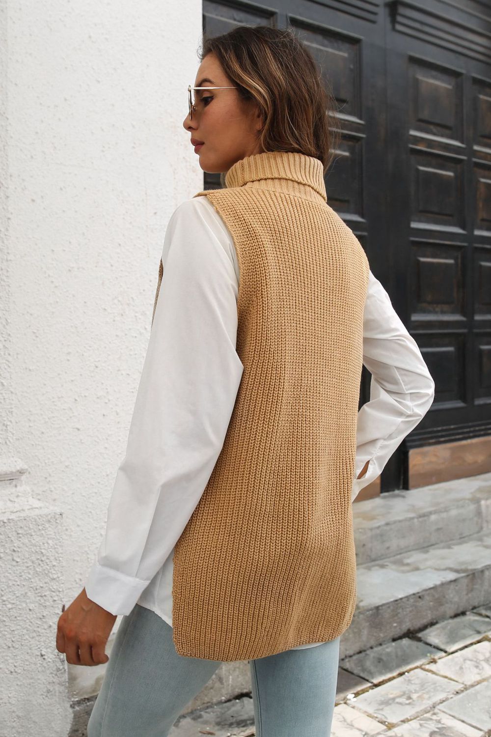 Ribbed Mock Neck Sleeveless Sweater Vest