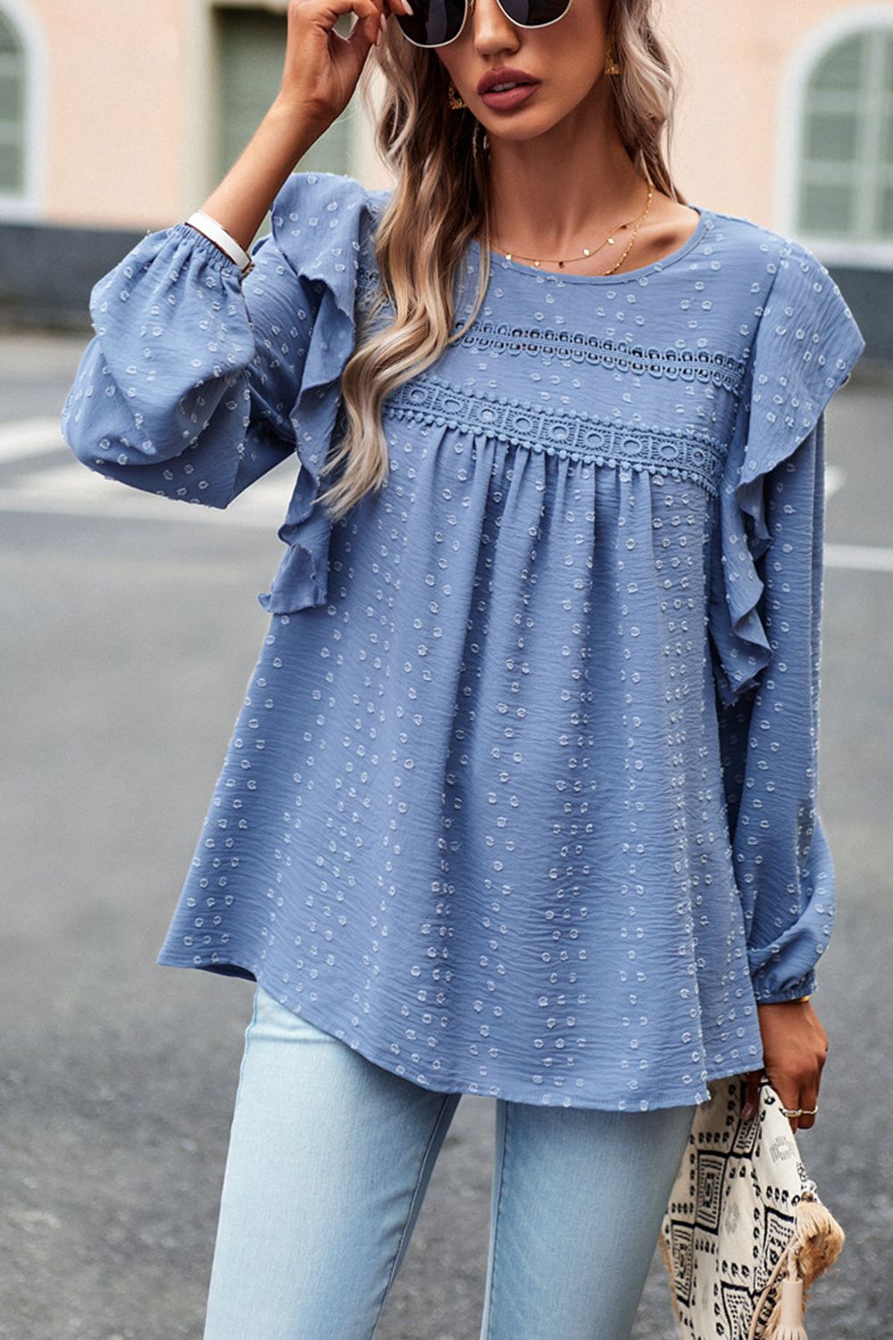 Ruffle Trim Balloon Sleeve Blouse