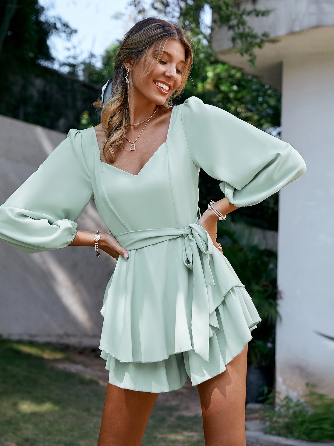 Tie-Waist Balloon Sleeve Layered Romper