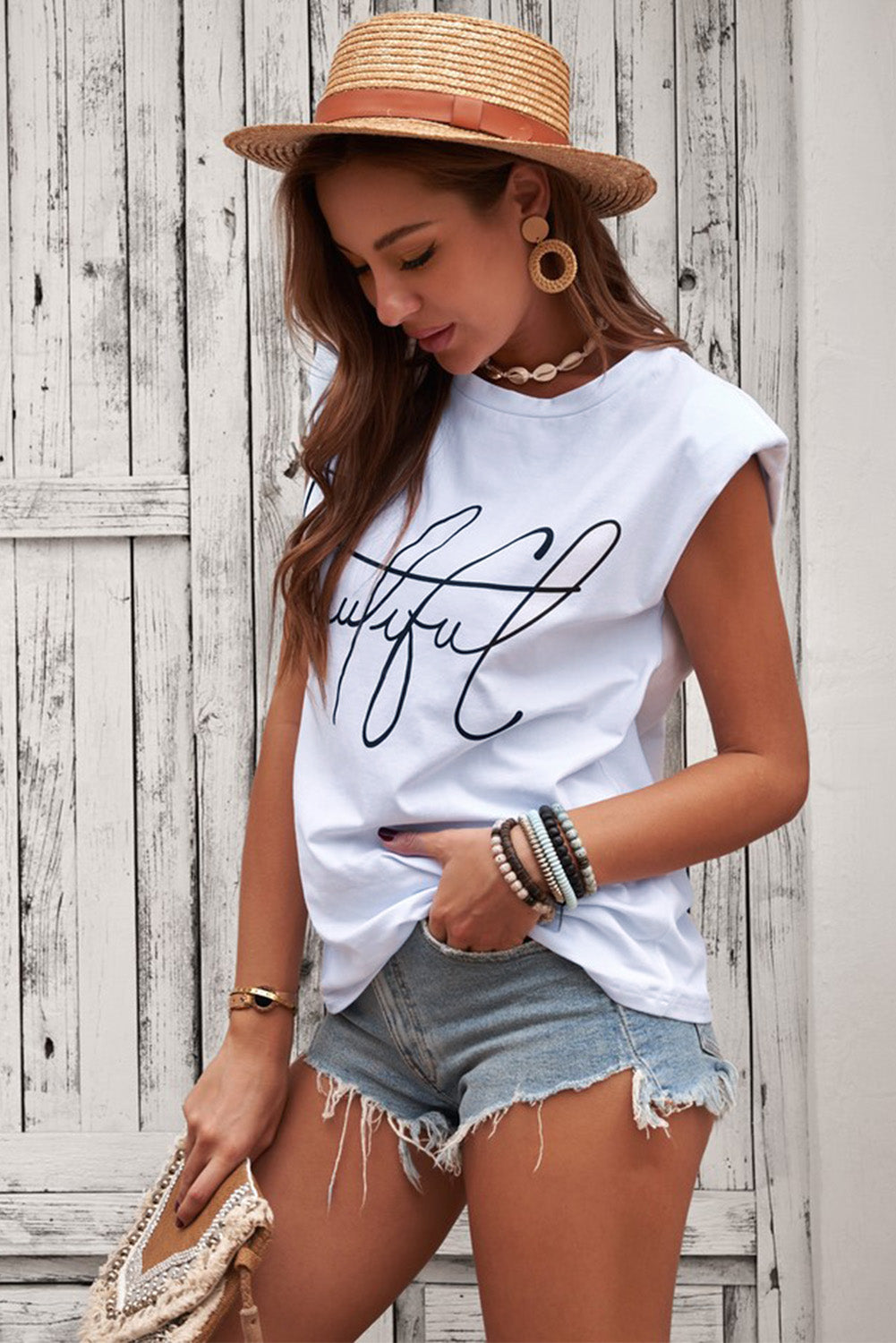 Padded Shoulder Letter Print Tank Top