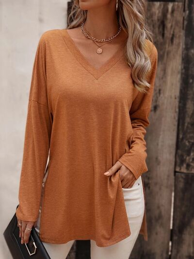 V-Neck Slit Long Sleeve T-Shirt