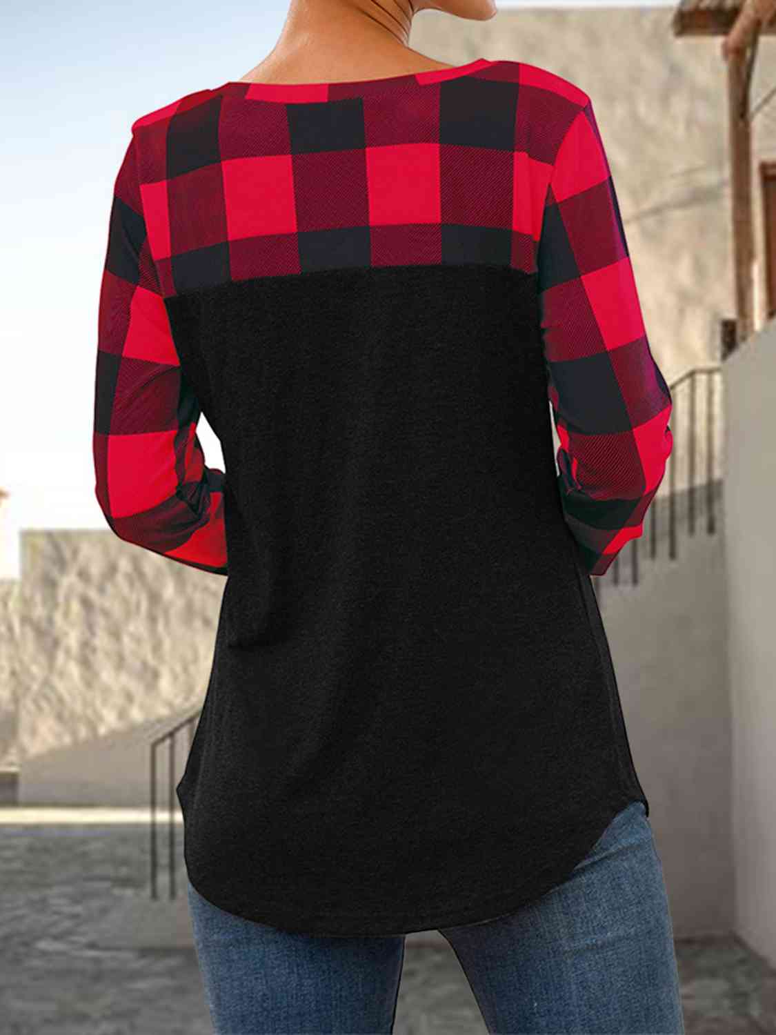 Plaid Round Neck Long Sleeve T-Shirt