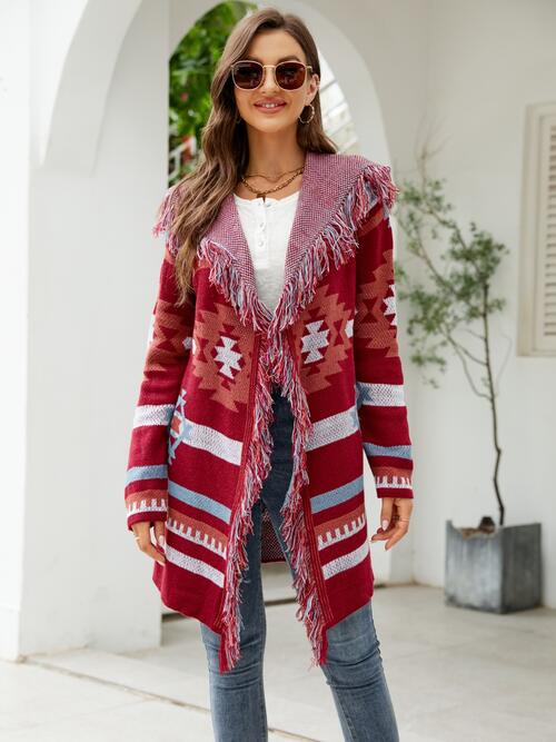 Fringe Geometric Hooded Long Sleeve Cardigan