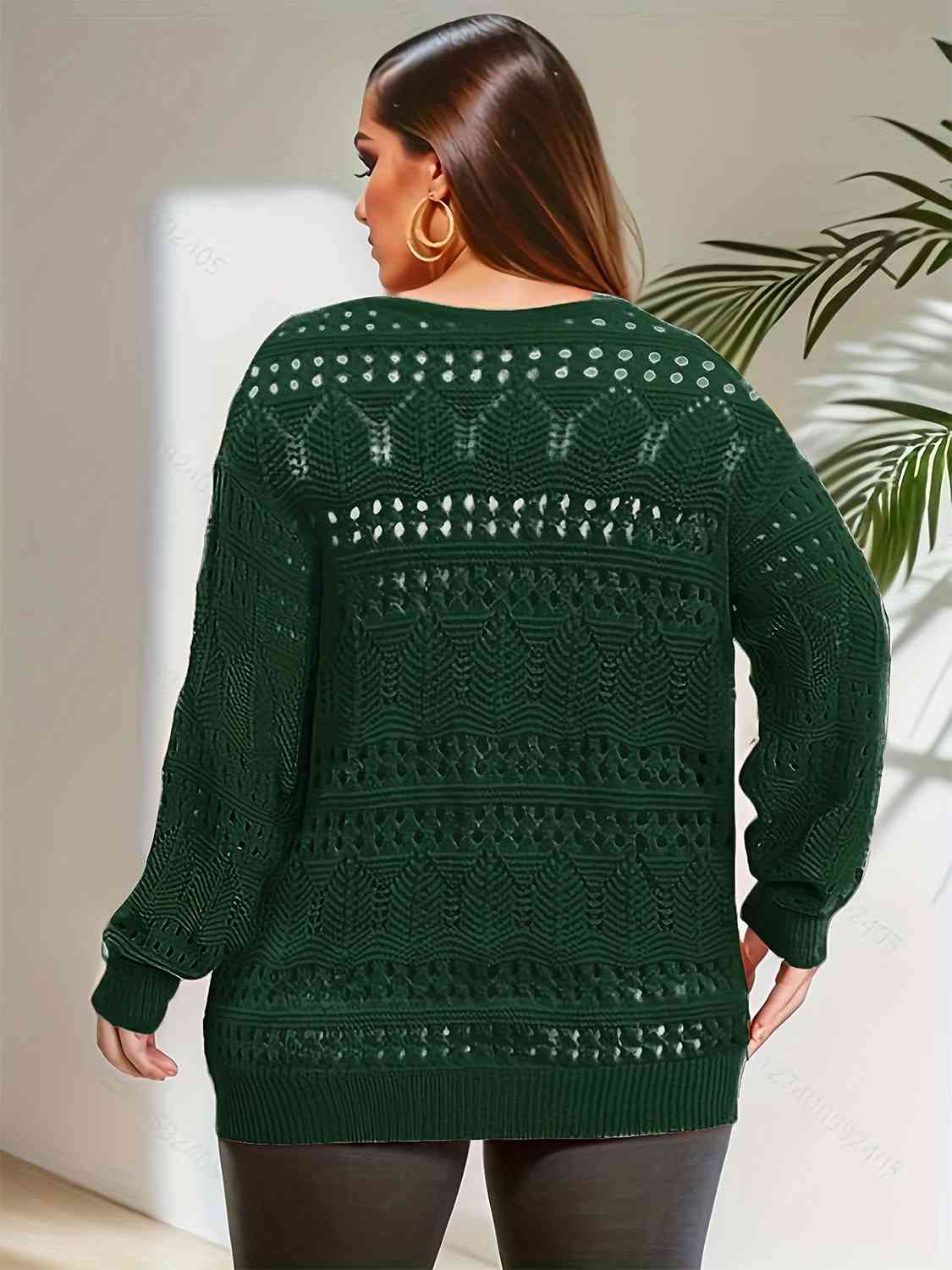 Plus Size Openwork Plunge Long Sleeve Sweater