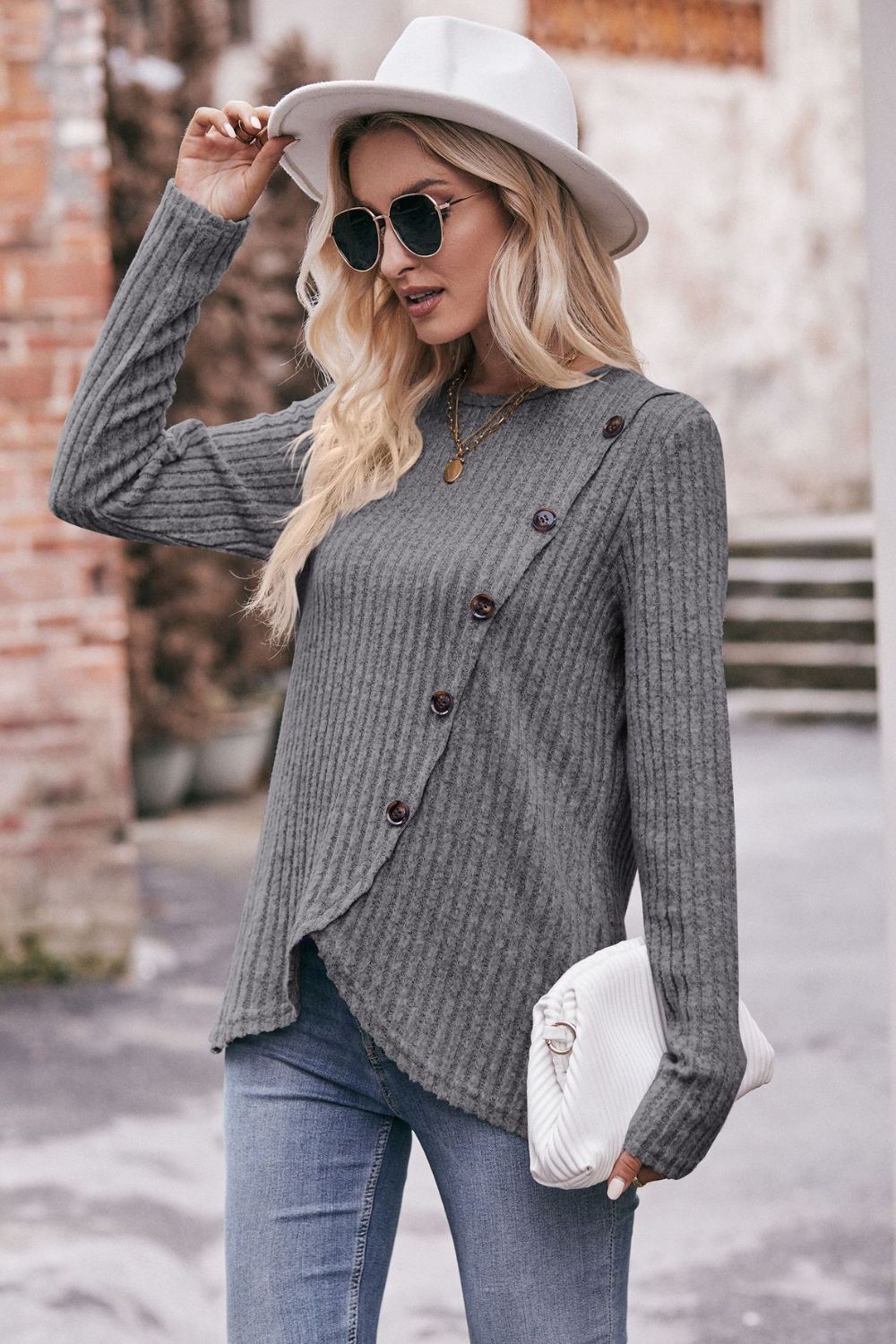 Ribbed Round Neck Buttoned Long Sleeve Tee