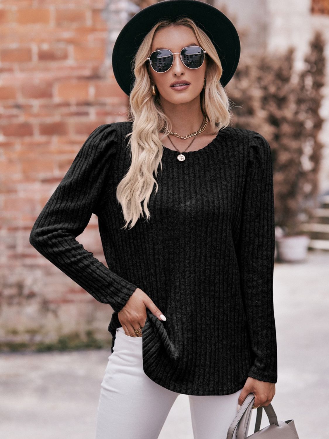 Round Neck Puff Sleeve Ribbed Top