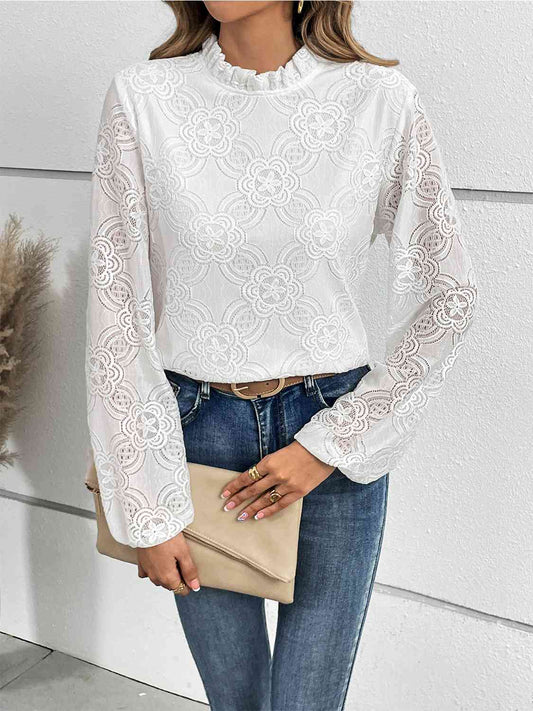 Eyelet Round Neck Long Sleeve Blouse