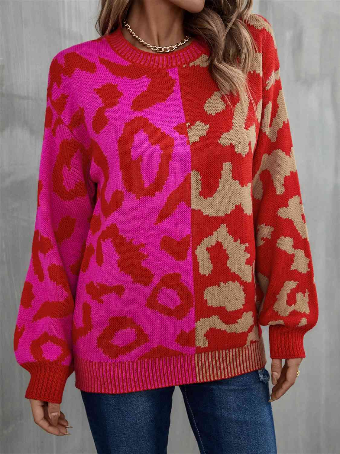 Leopard Round Neck Long Sleeve Sweater