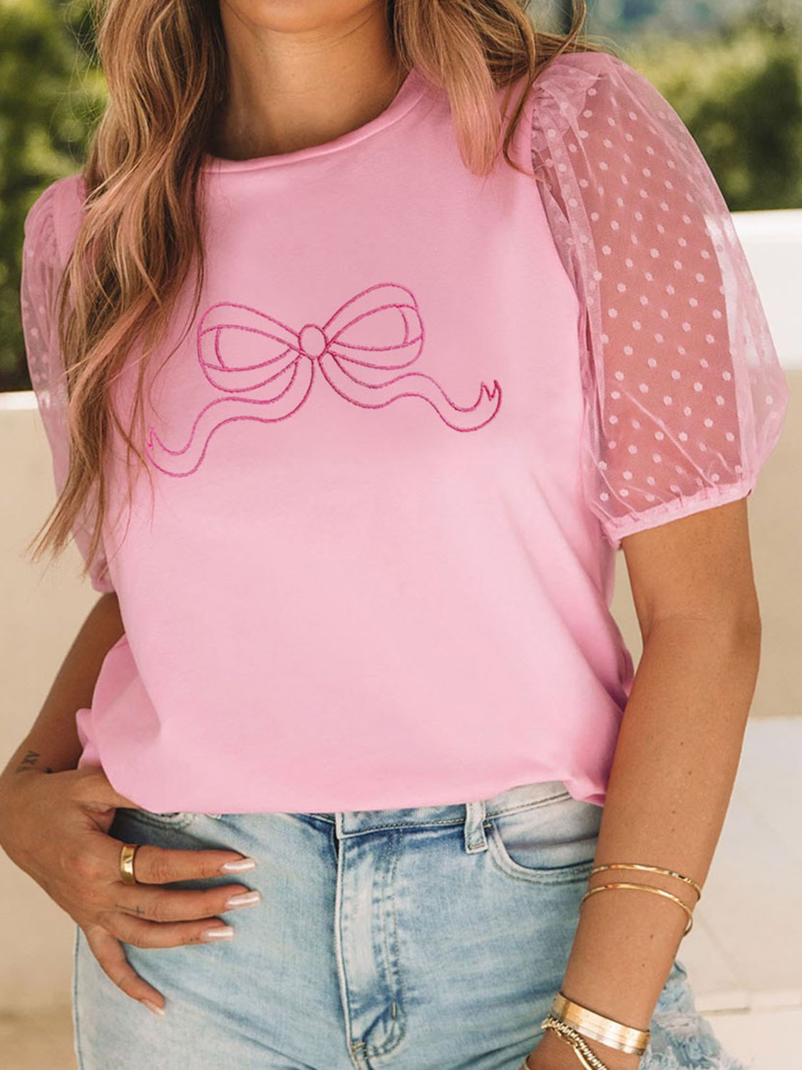 Bow Round Neck Short Sleeve Top