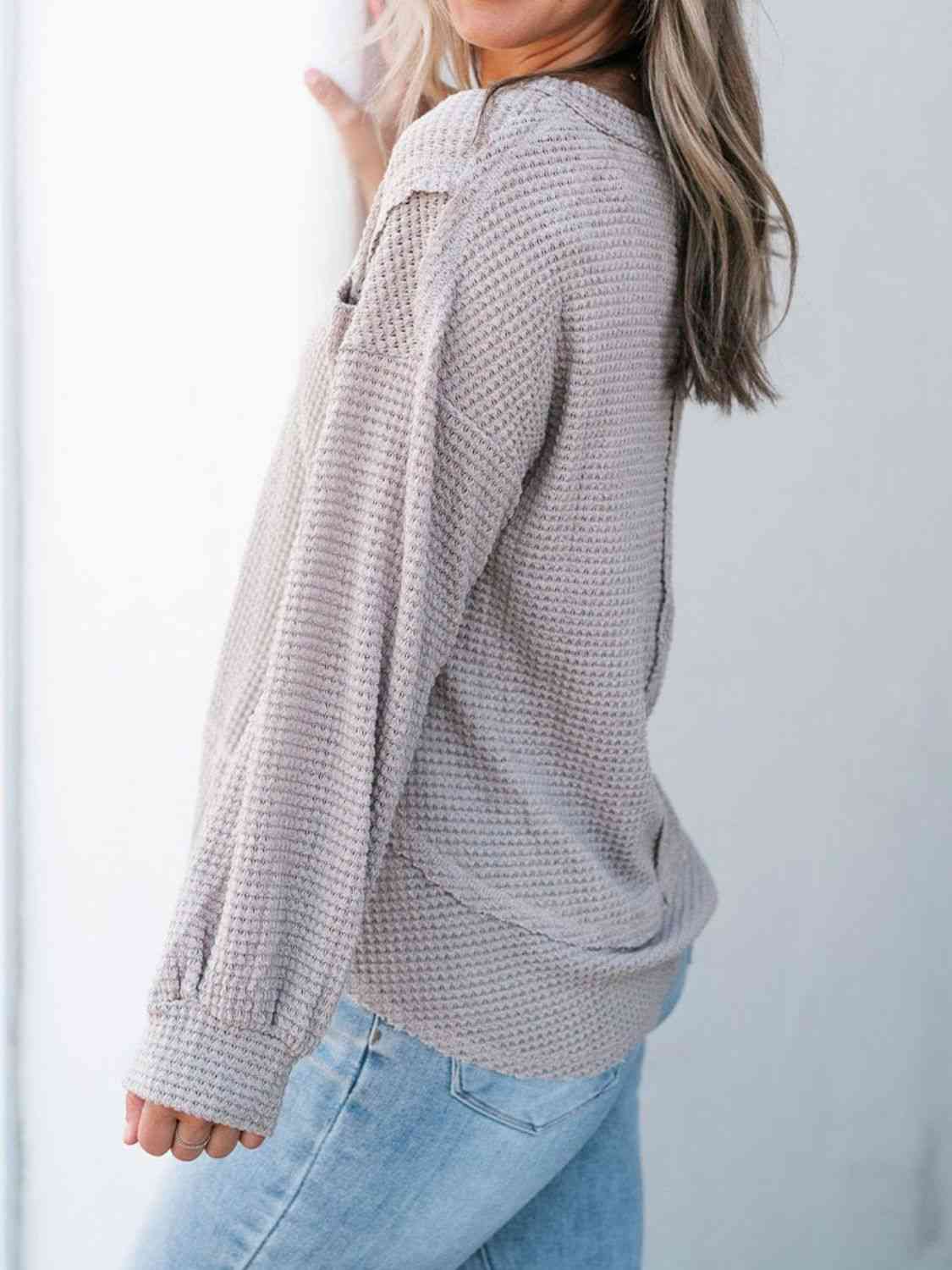 Waffle-Knit V-Neck Blouse with Breast Pocket