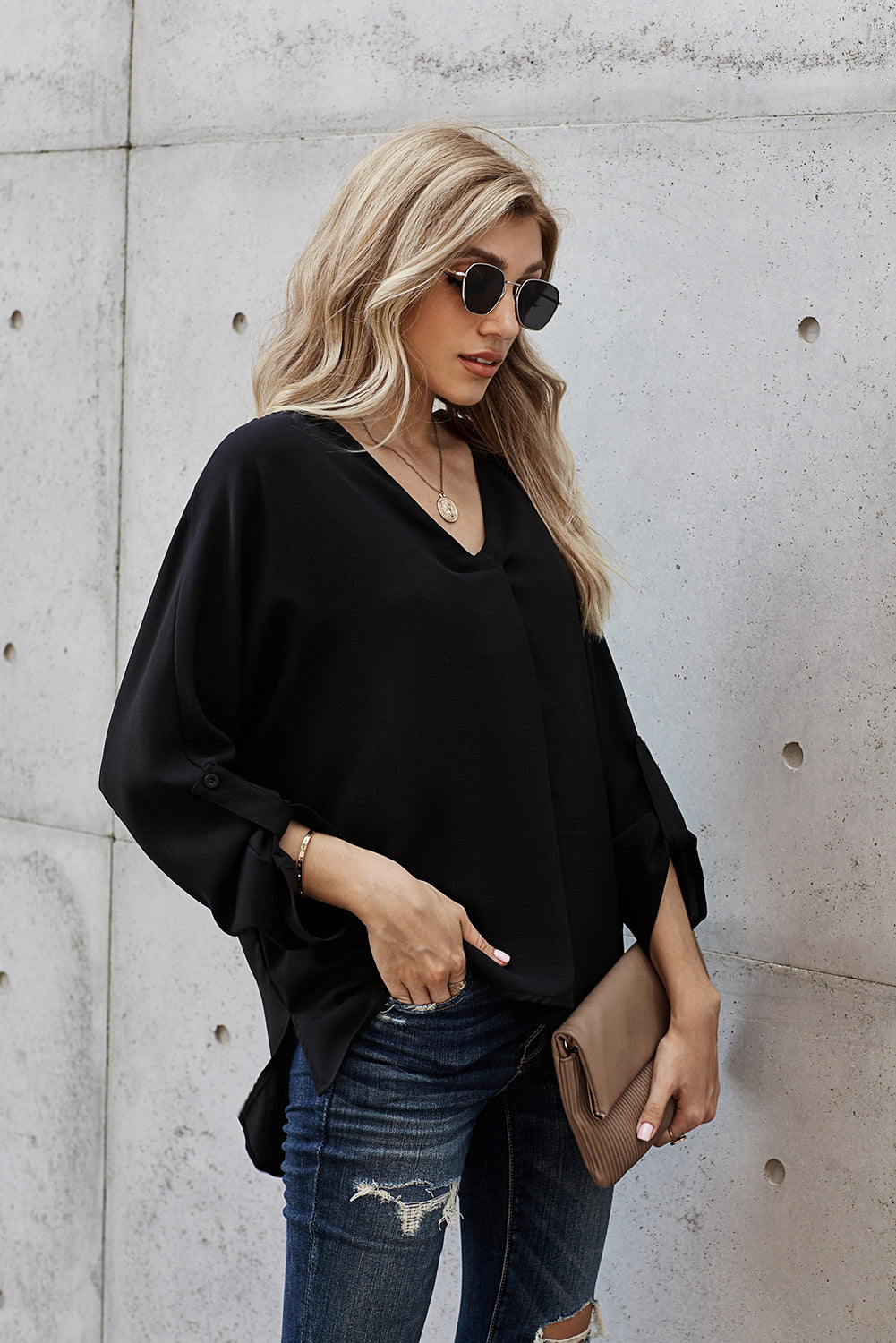 V-Neck Roll-Tab Sleeve Blouse