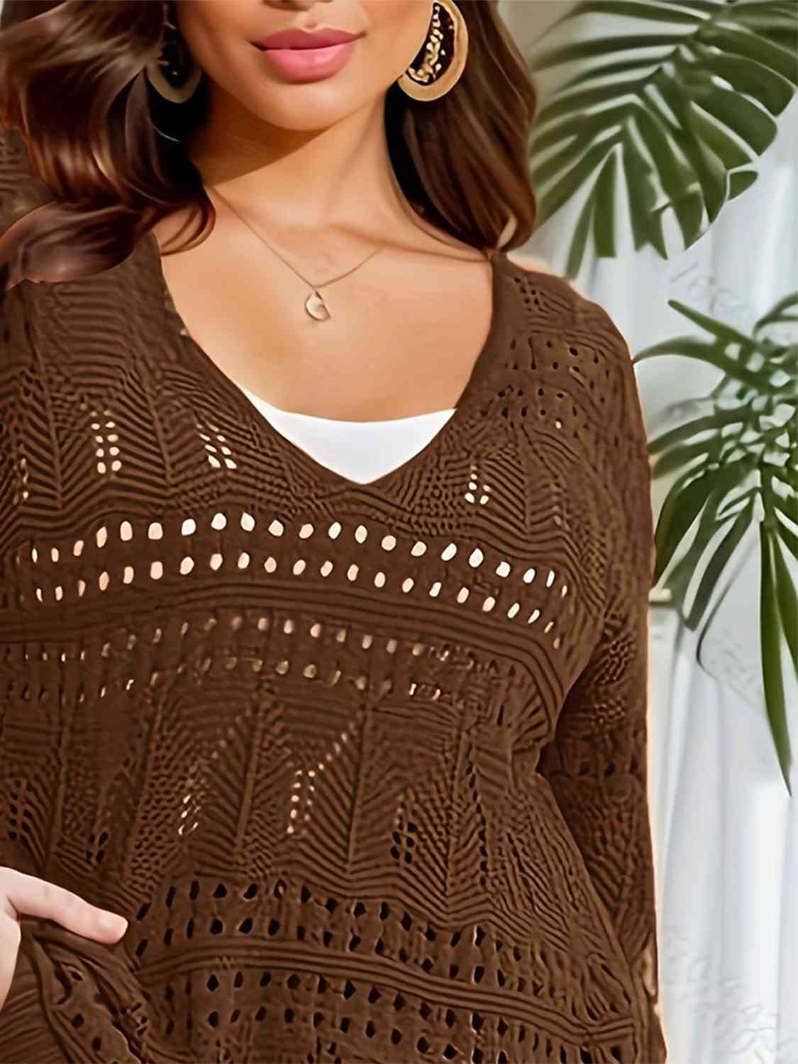 Plus Size Openwork Plunge Long Sleeve Sweater