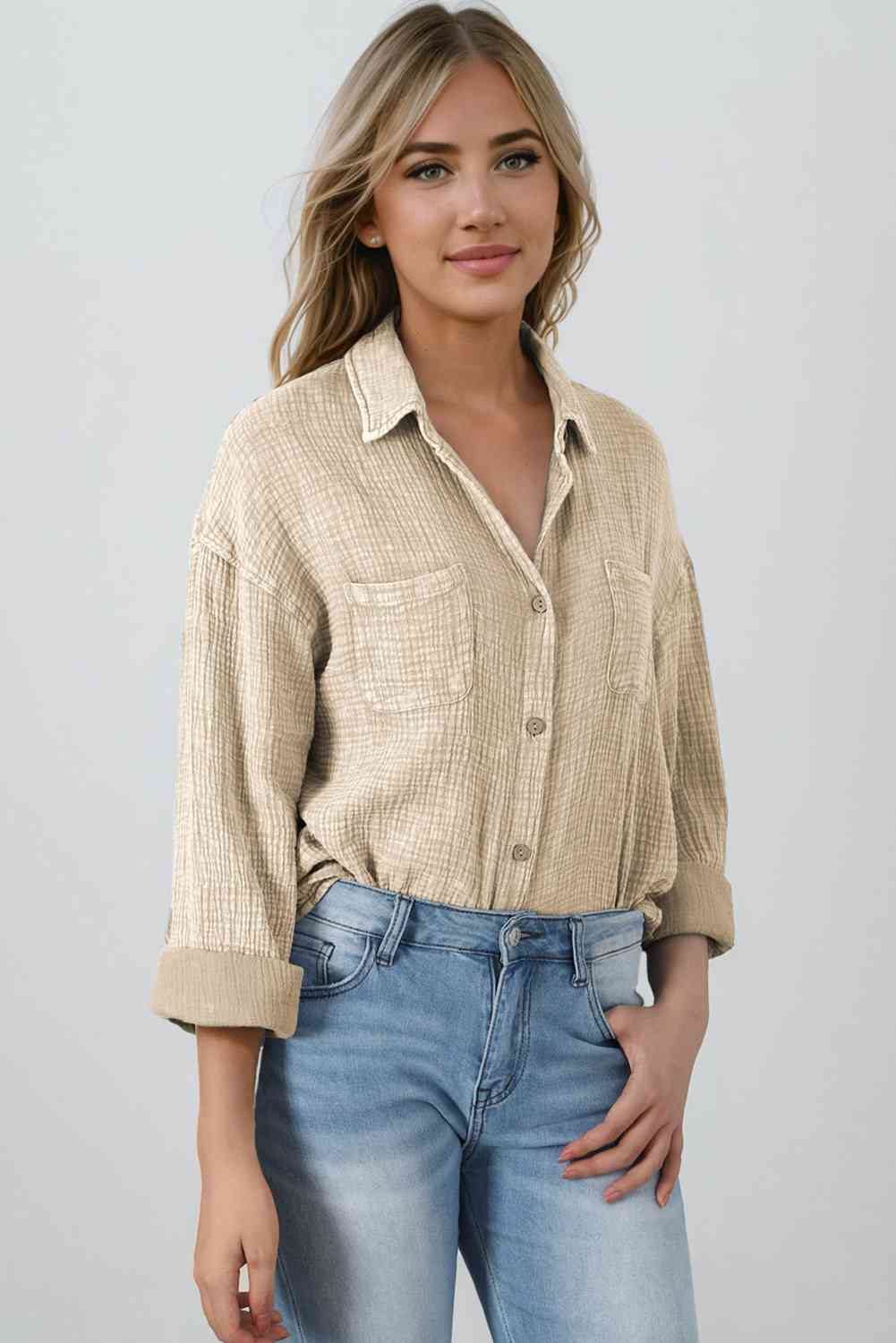 Mineral Wash Crinkle Textured Chest Pockets Shirt