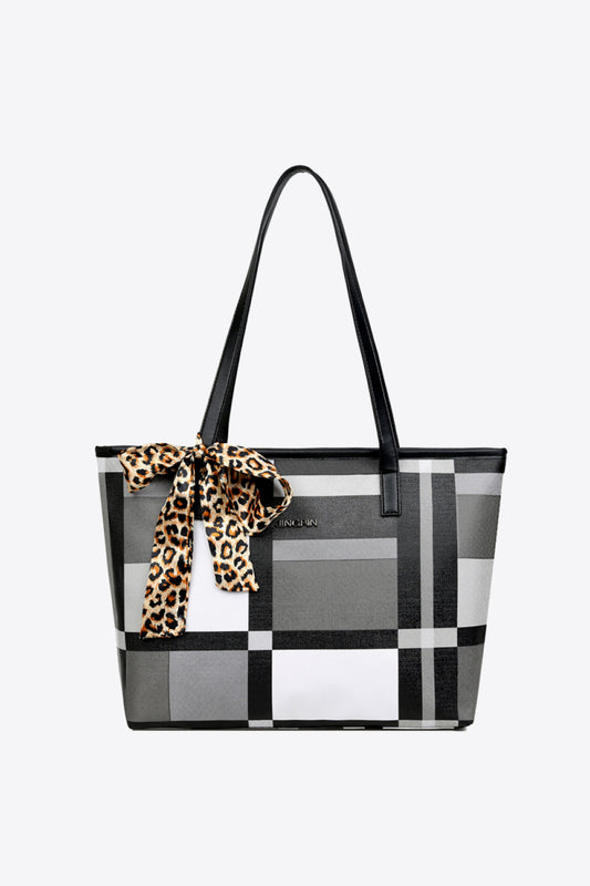 Color Block Tie Detail PU Leather Tote Bag