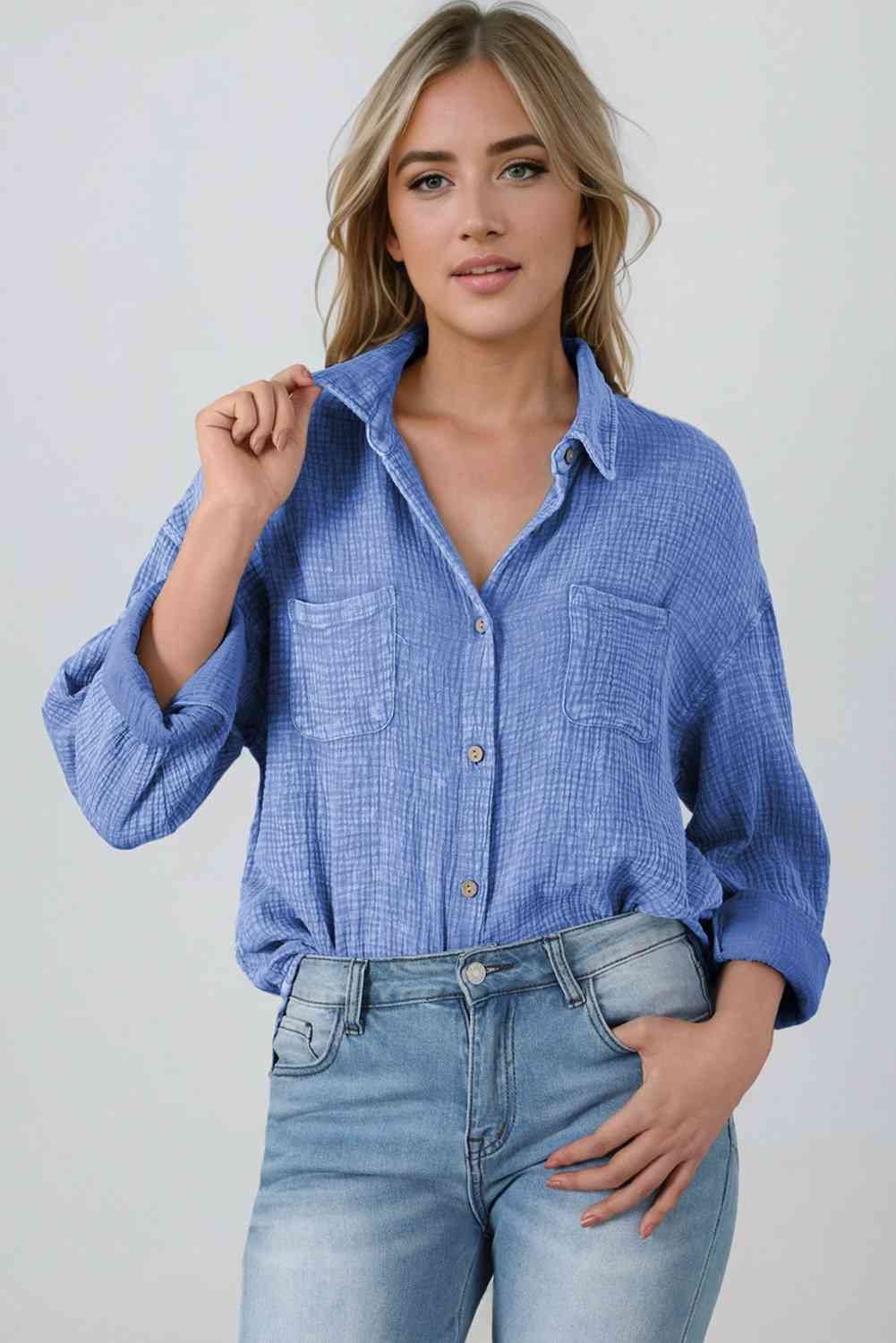 Mineral Wash Crinkle Textured Chest Pockets Shirt