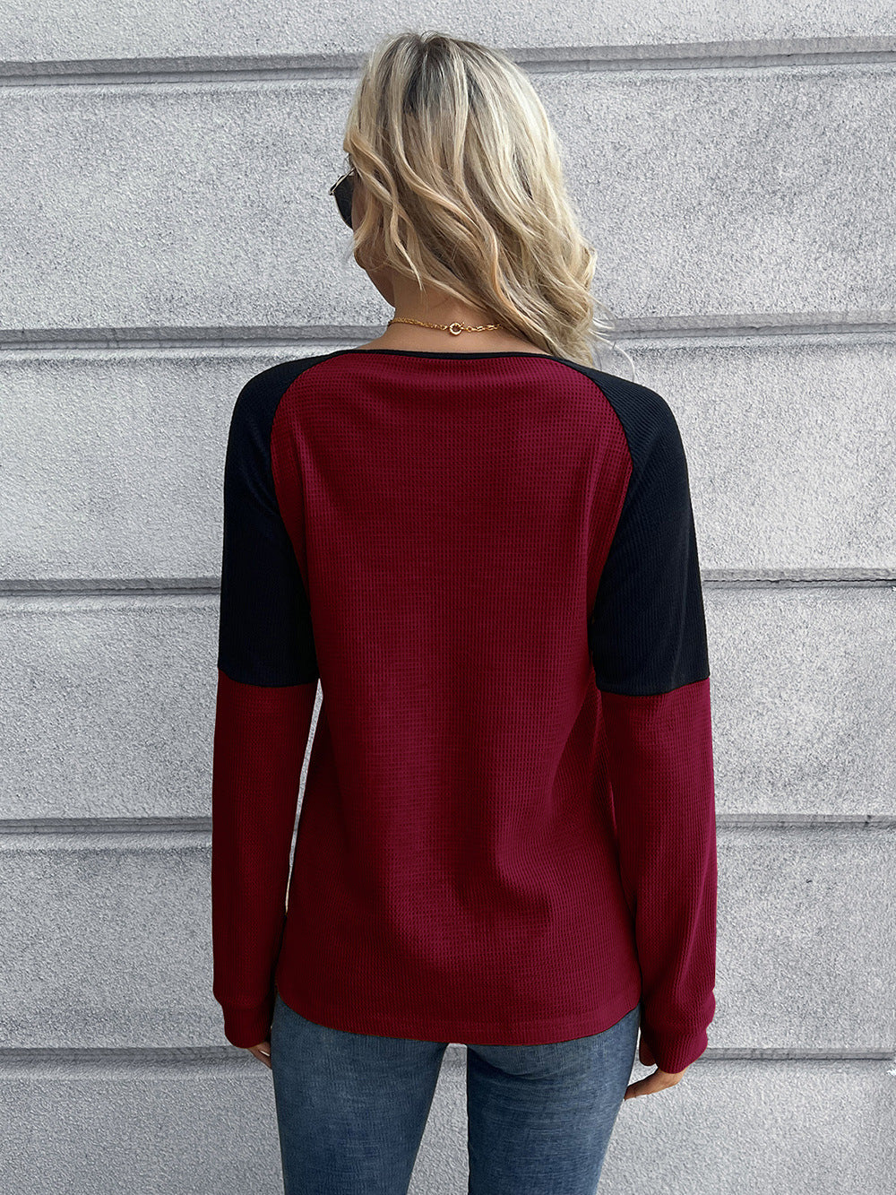 Contrast Buttoned Round Neck Raglan Sleeve Top