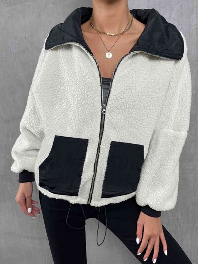 Contrast Drawstring Collared Neck Jacket