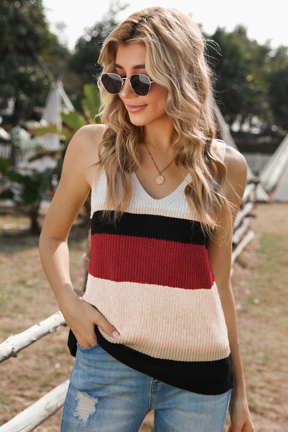 Color Block V-Neck Rib-Knit Tank