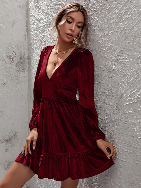 Plunge Long Sleeve Ruffle Hem Dress