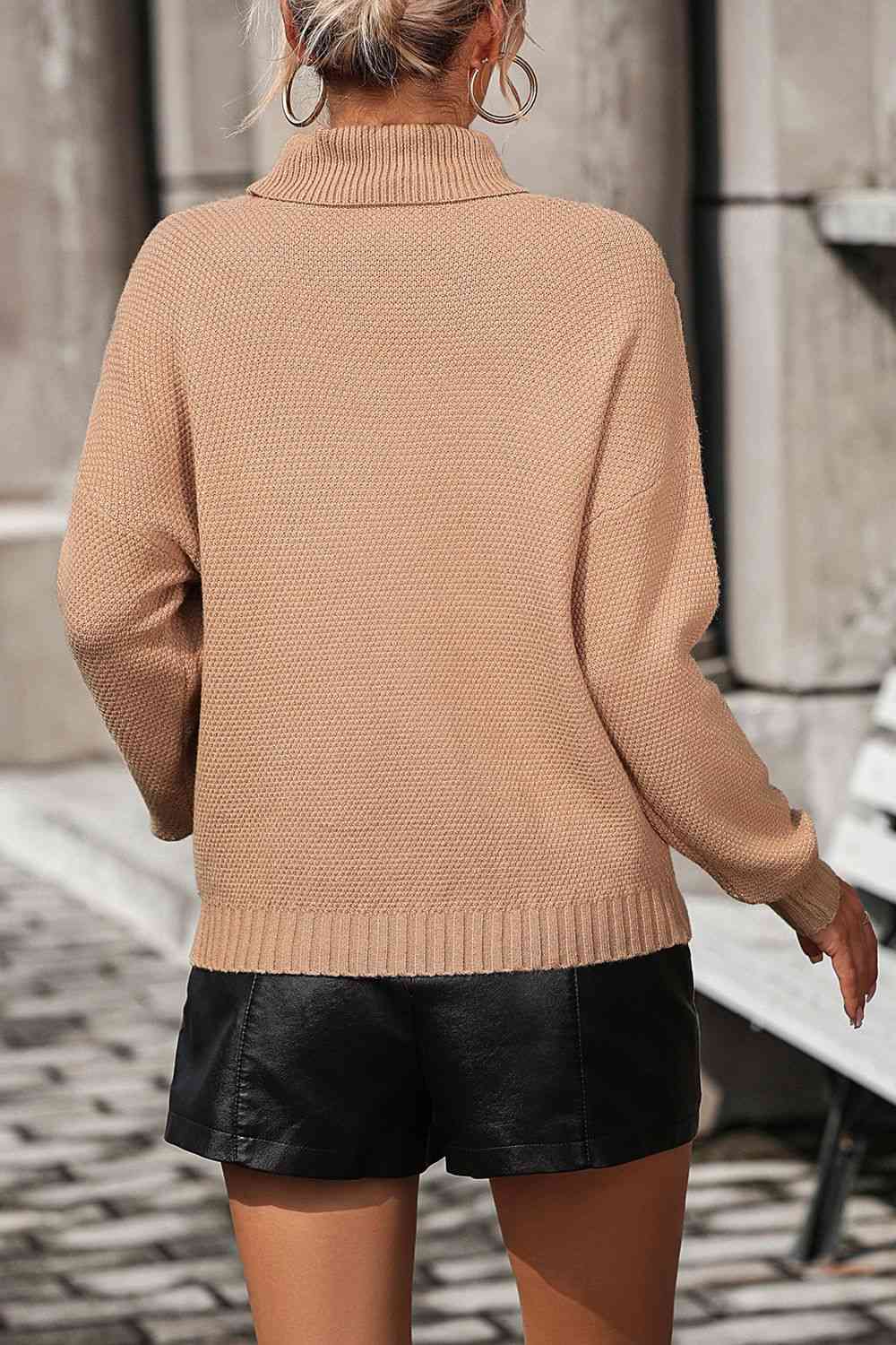 Turtle Neck Tassel Front Long Sleeve Pullover Sweater