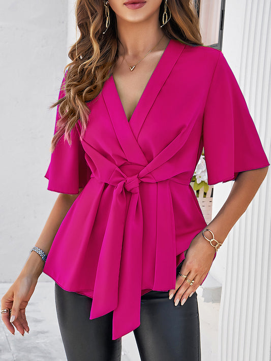 Surplice Tie Waist Half Sleeve Blouse