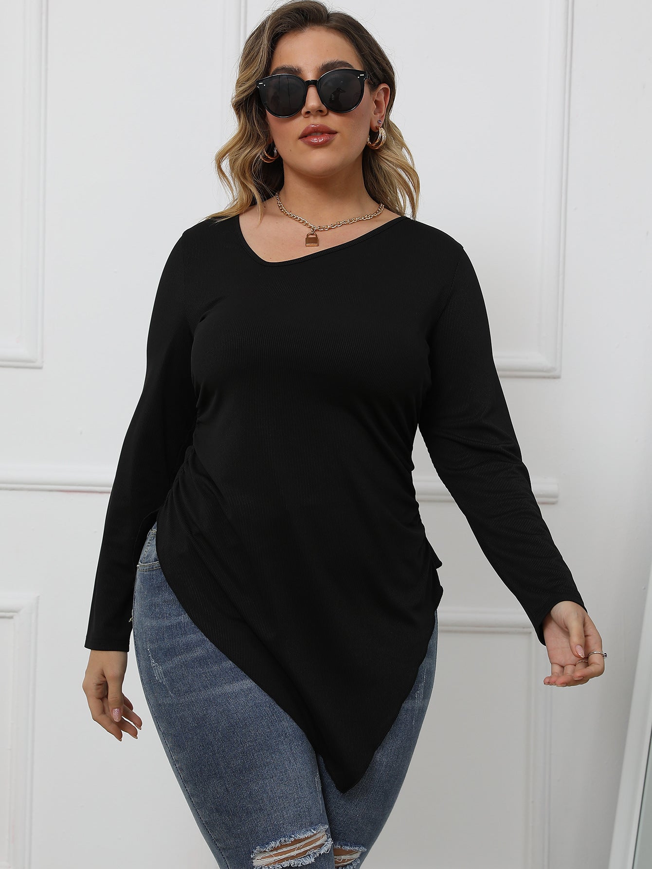 Plus Size Asymmetrical Long Sleeve Top