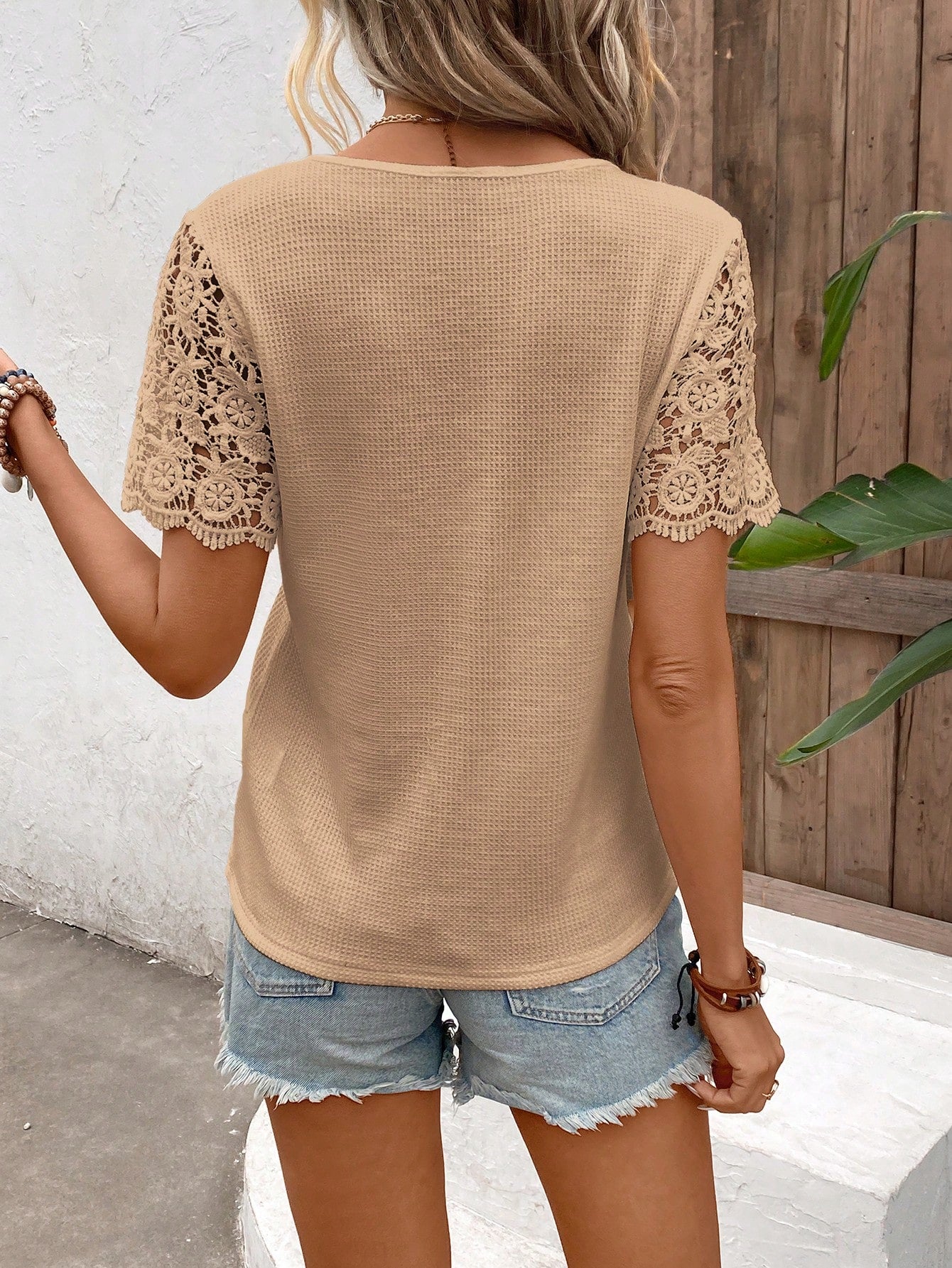 Spliced Lace Notched Neck Waffle-Knit Top