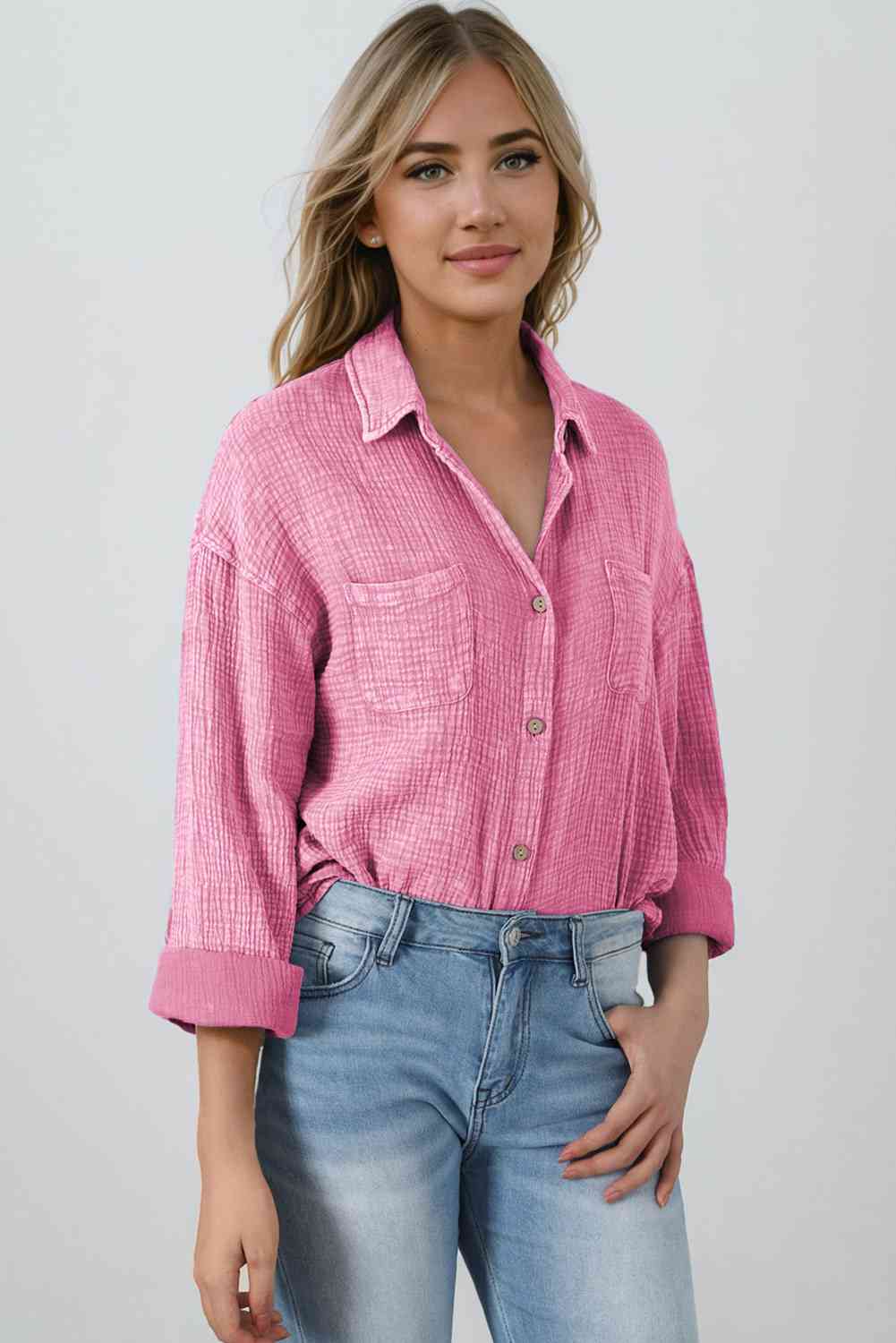 Mineral Wash Crinkle Textured Chest Pockets Shirt