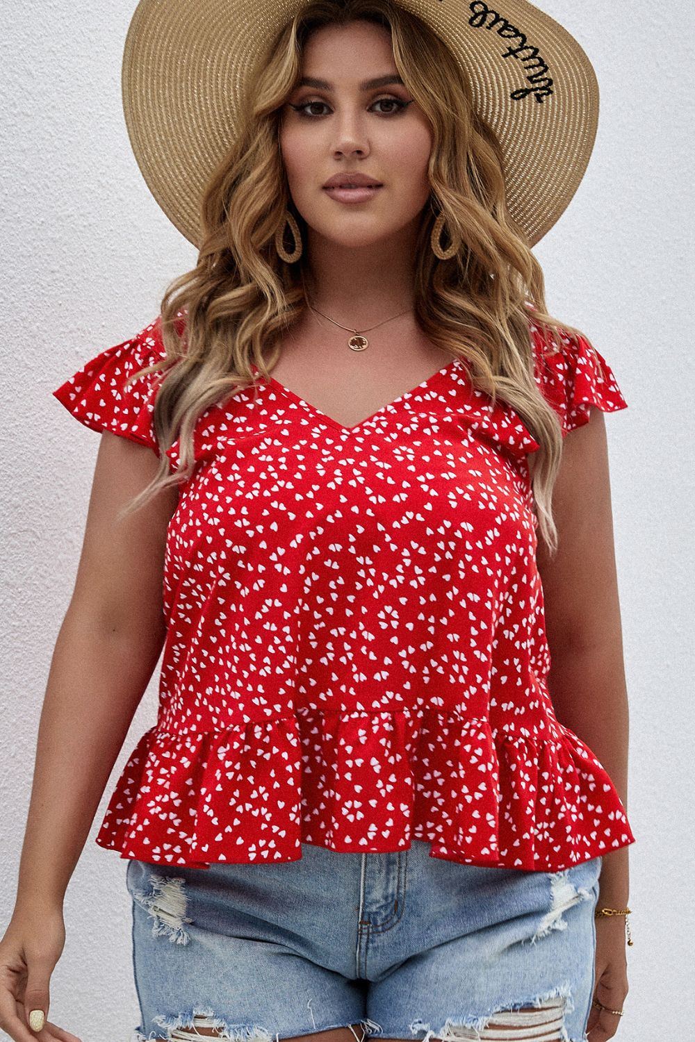 Plus Size Heart Print Flutter Sleeve Peplum Top