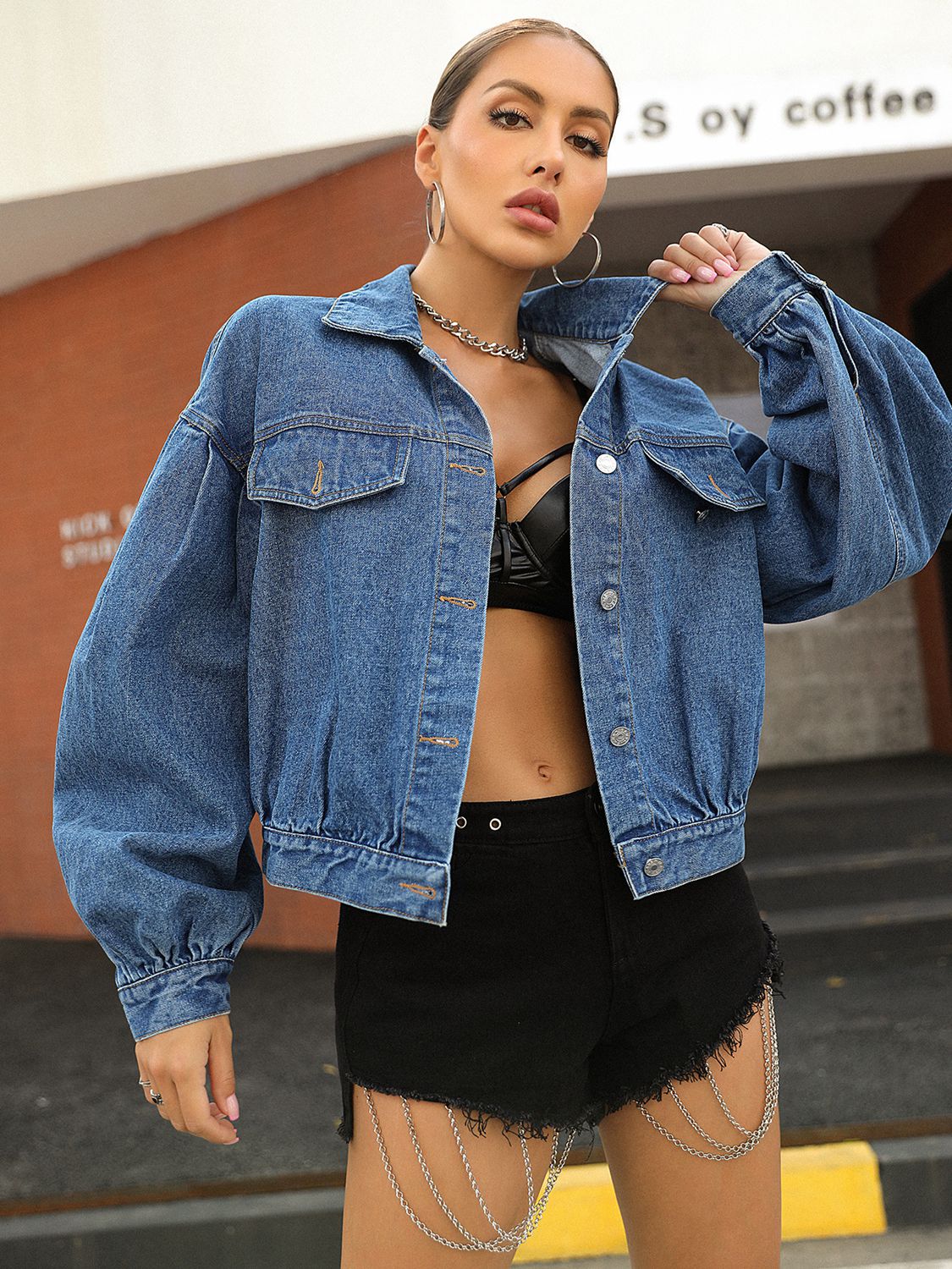 Lantern Sleeve Denim Jacket