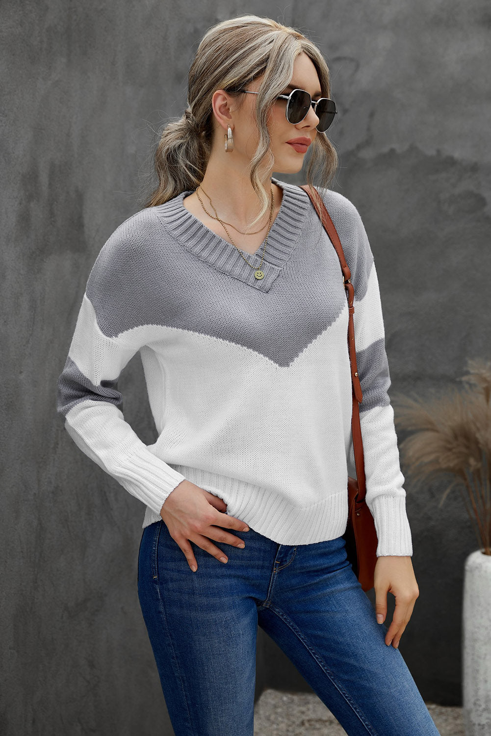 Chevron Color Block V-Neck Dropped Shoulder Sweater