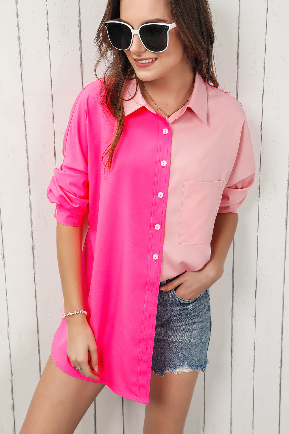 Color Block Collared Longline Shirt