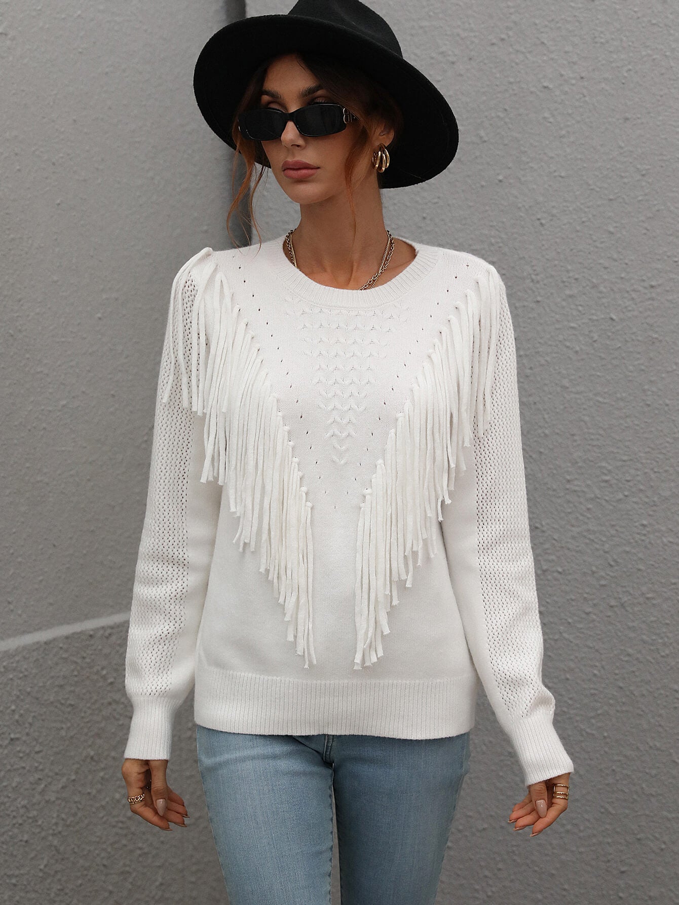 Fringe Detail Ribbed Trim Sweater