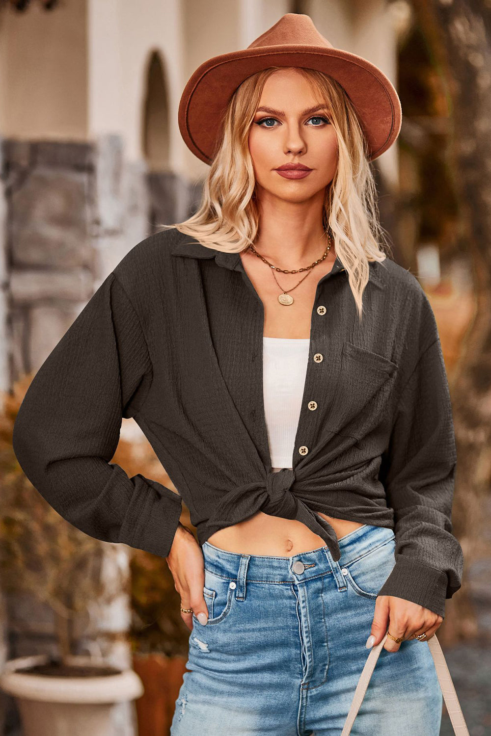 Twisted Collared Neck Long Sleeve Shirt