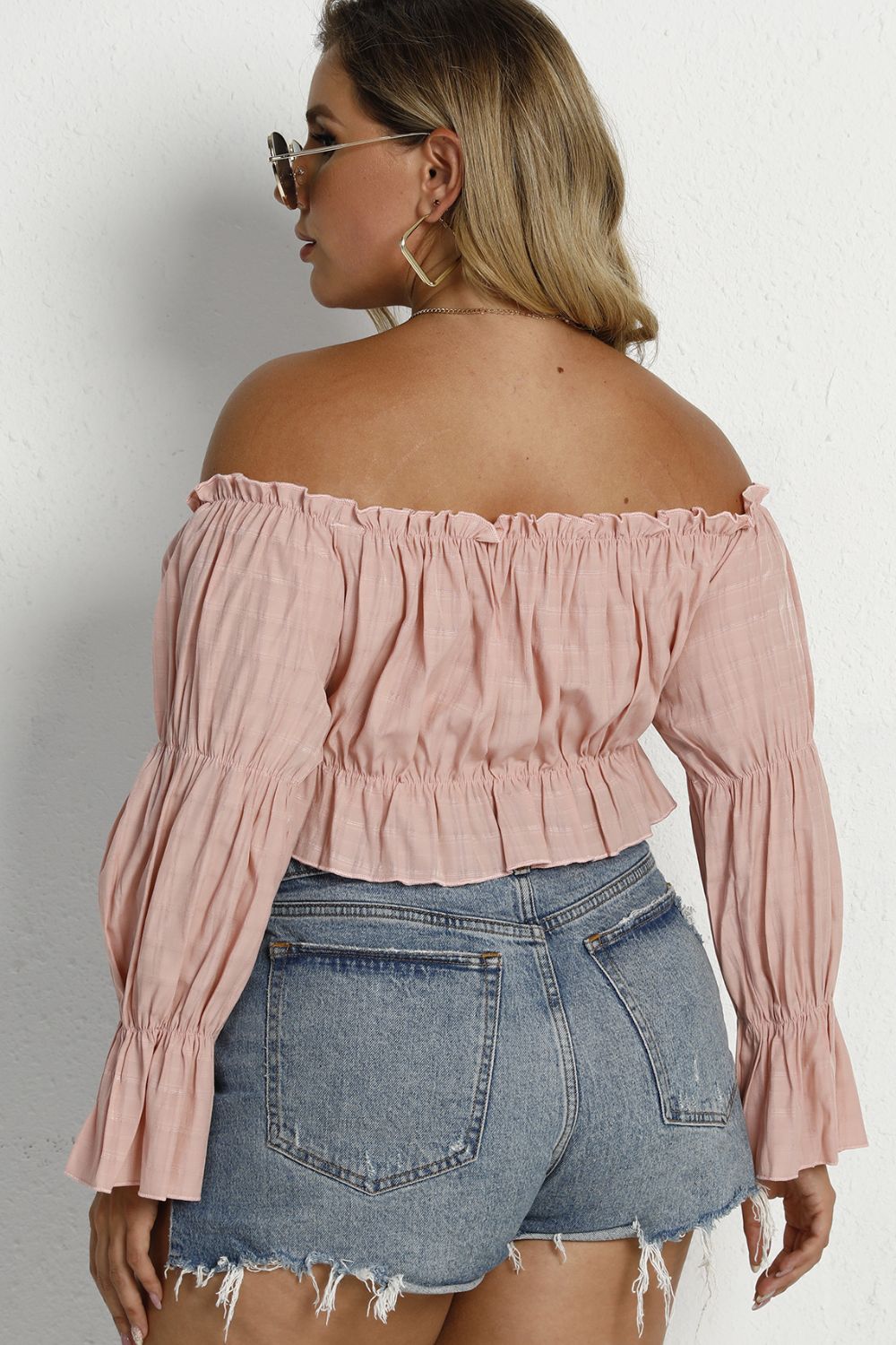 Plus Size Frill Trim Bubble Sleeve Off-Shoulder Peplum Blouse