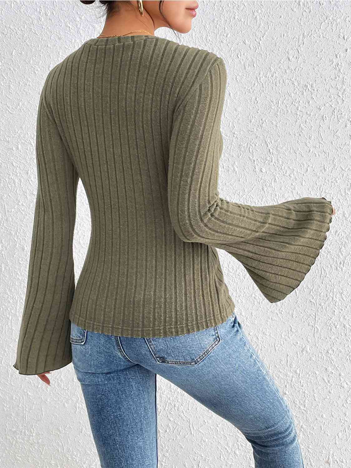 Ribbed Round Neck Flare Sleeve Top