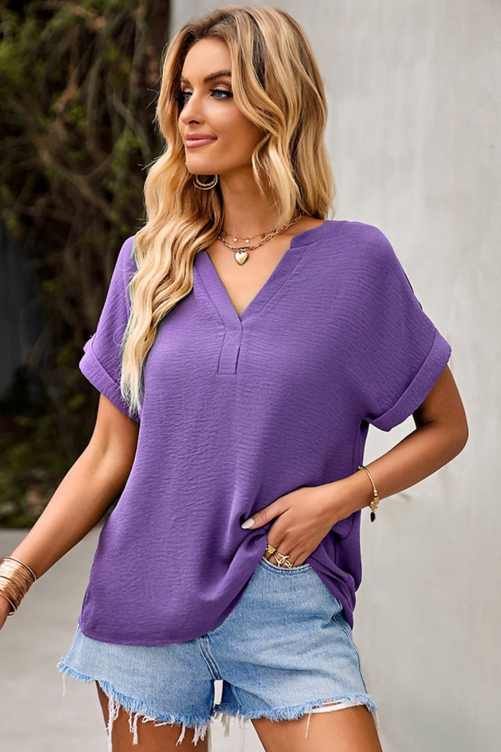 Notched Cuffed Sleeve Blouse