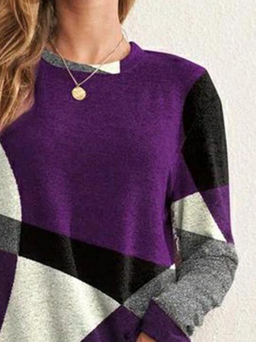 Color Block Round Neck Long Sleeve T-Shirt