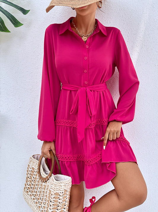 Collared Neck Tie Waist Buttoned Dress