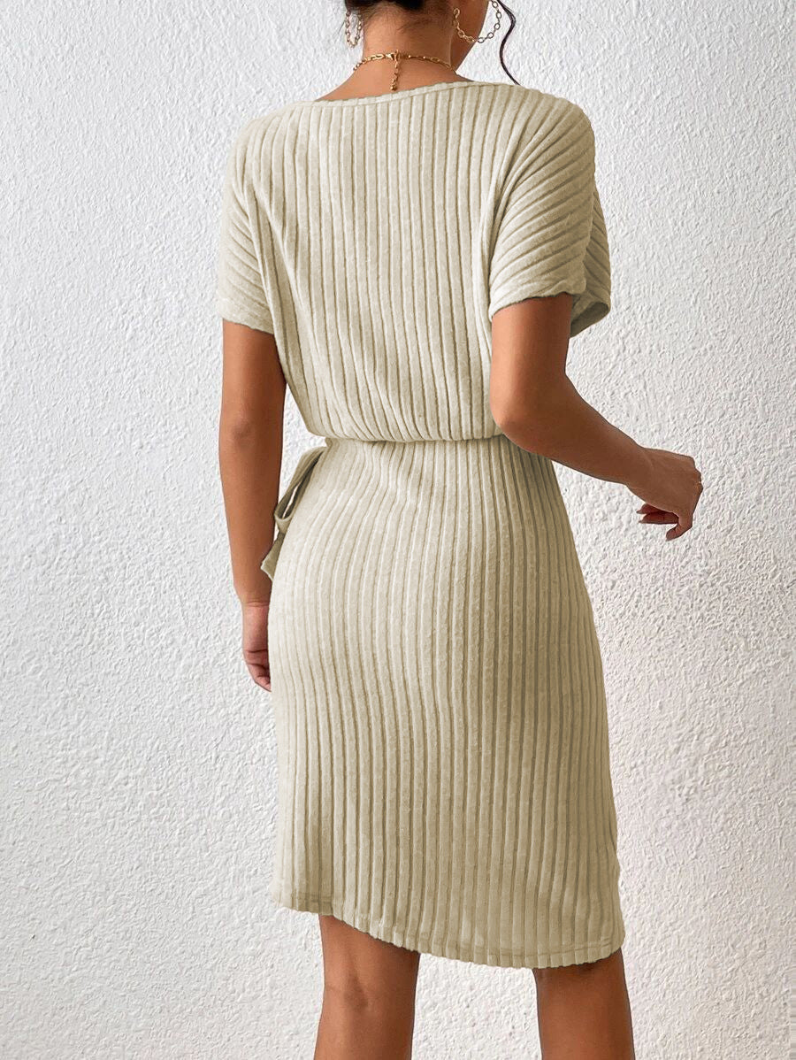 Ribbed Boat Neck Short Sleeve Dress