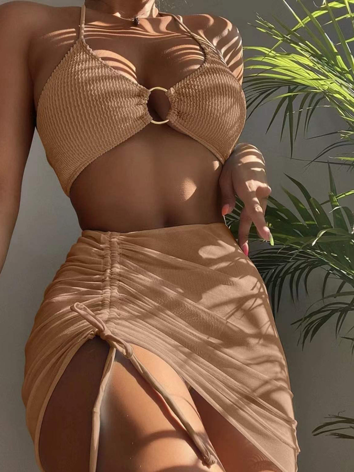 Tied Halter Neck Three-Piece Swim Set