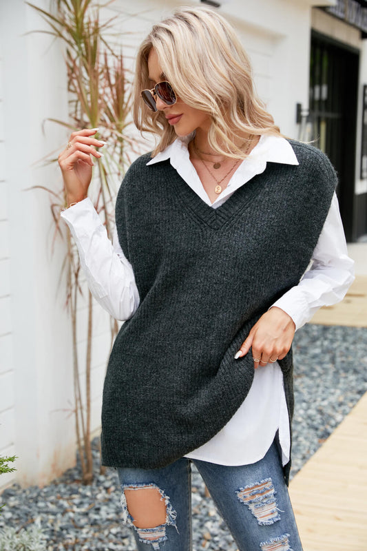 V-Neck Side Slit Sweater Vest